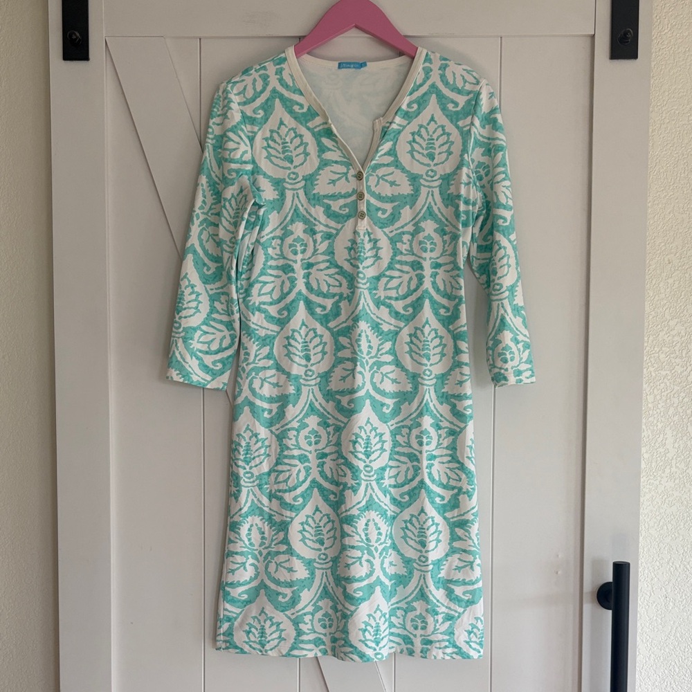 J. McLaughlin Aqua and White 3/4 -Sleeve Shift Dress
